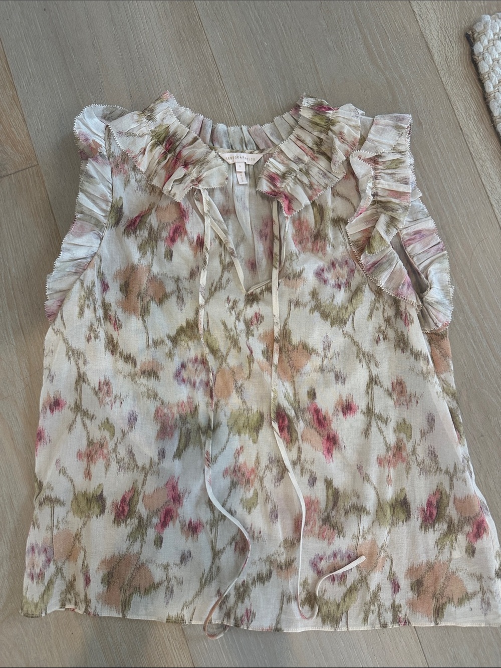Sleeveless Ruffle Floral Blouse - White/Pink/Green